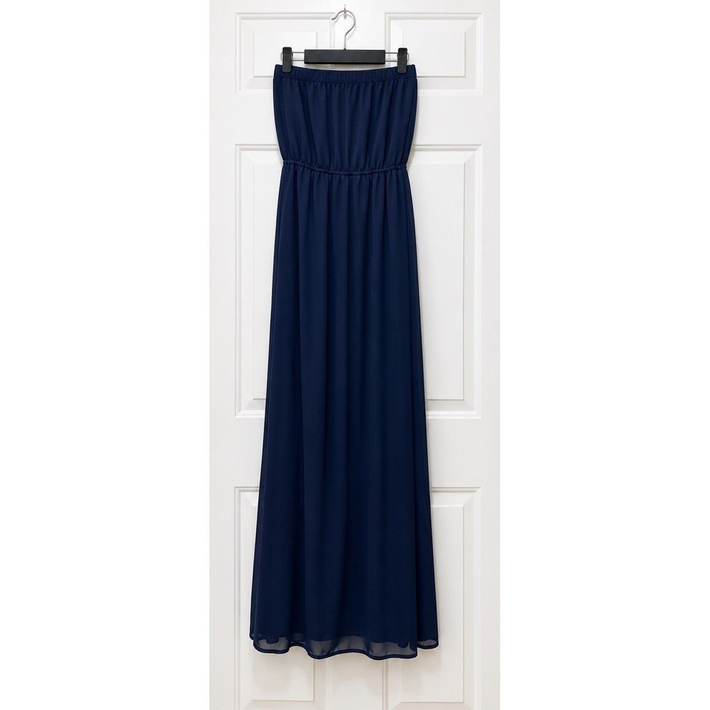 Forever 21 Navy Blue Strapless Maxi Dress Elastic Waist Chiffon Small